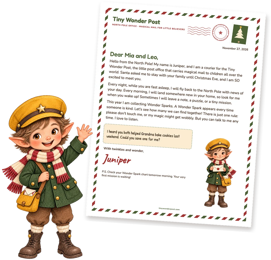 Our postman elf waving beside a sample arrival letter for Mia and Leo from elf Juniper