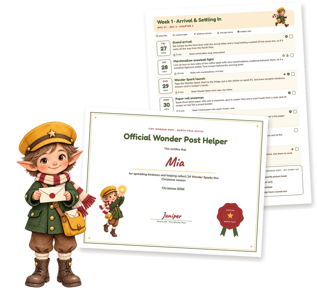 Our postman elf holding a letter in front of a sample setup calendar and an Official Wonder Post Helper certificate