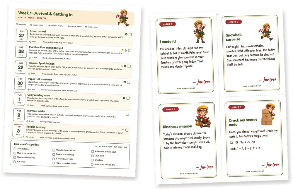 A week of the Story Kit setup calendar beside a page of four nightly elf notes