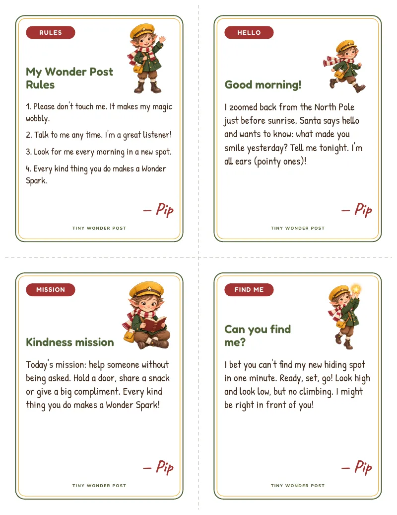 Printable elf notes sheet with four cut-out notes signed by elf Pip, including the rules card