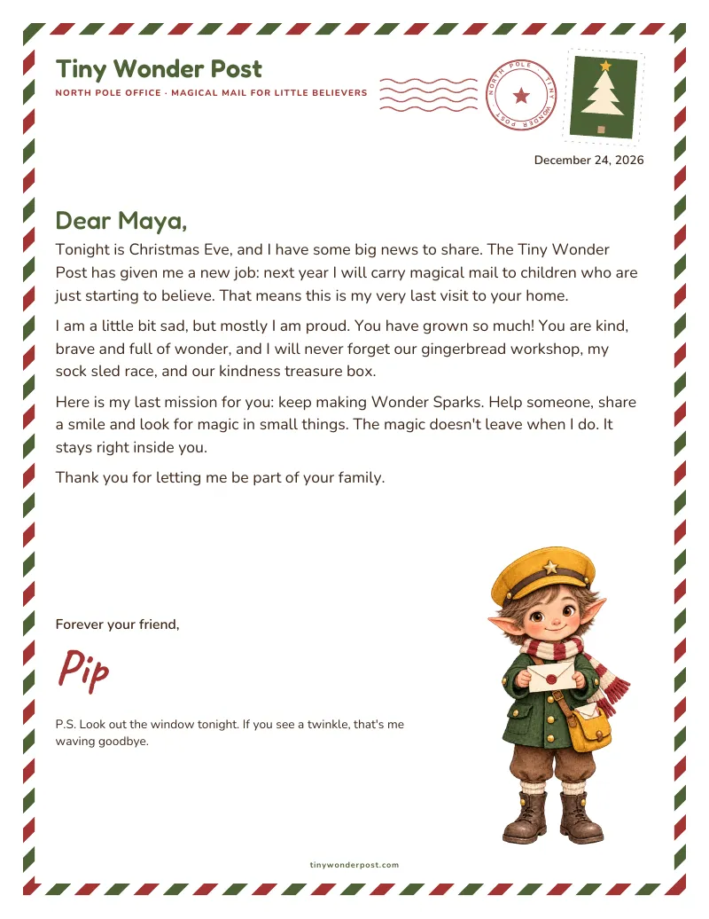 Printable final elf goodbye letter sample for Maya from elf Pip, left on Christmas Eve